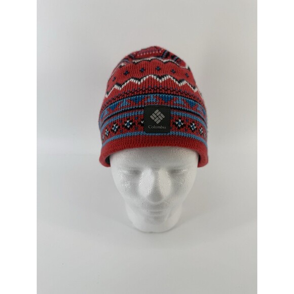 Columbia Beanie Hat red aztec coral blue white black unisex - Picture 1 of 11